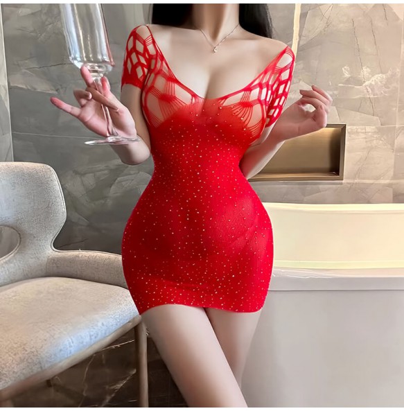 FEE ET MOI - Starry Deep V Bodystocking (Red)